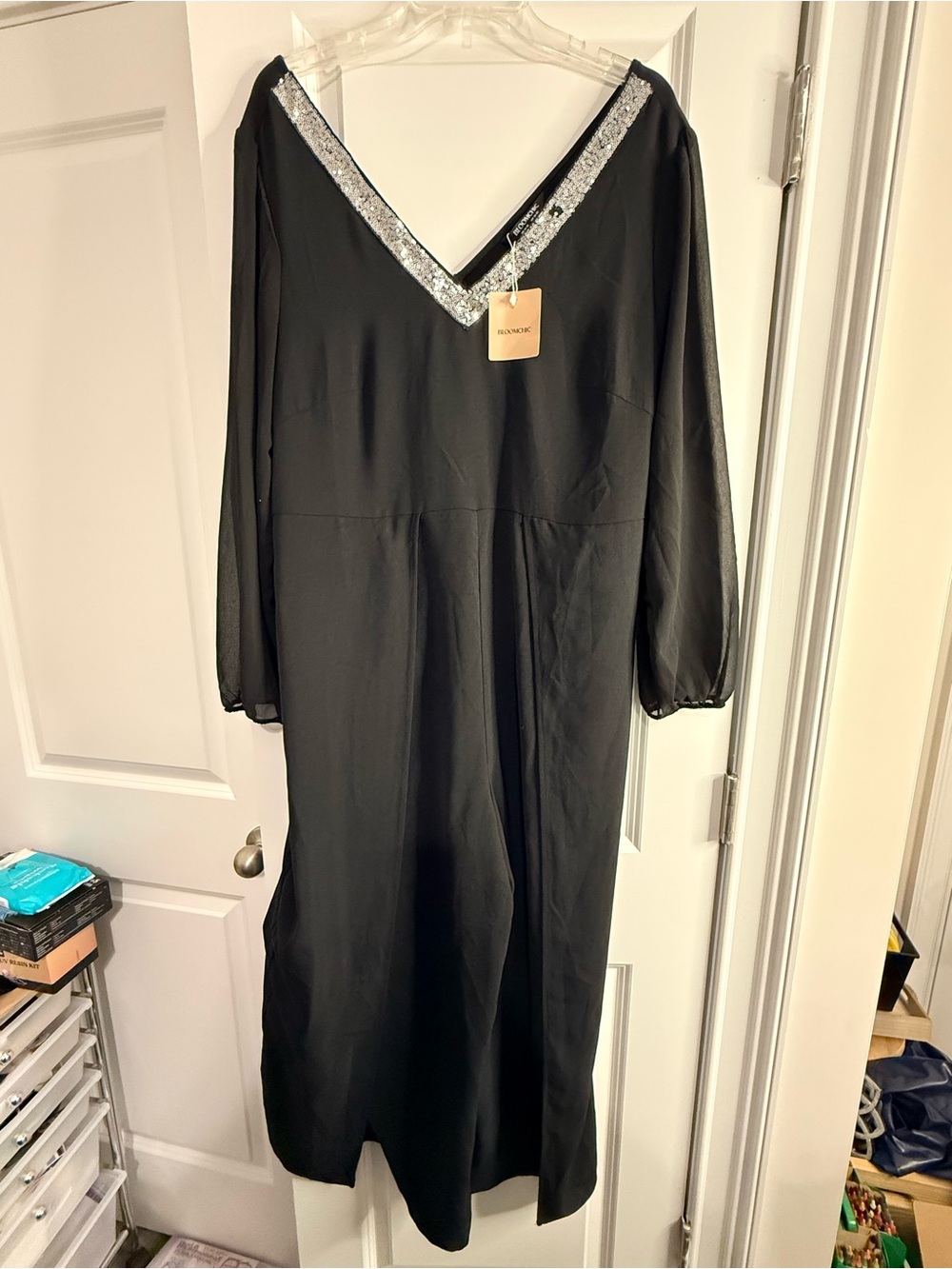 BloomChic Black Maxi Jumpsuit with Silver Sequin V-Neck
